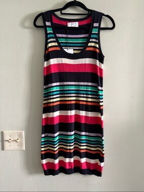 Allude cashmere Striped Sleeveless Knit Mini Dress in Black & Pink M NWT